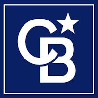 a blue and white logo with the letter cb